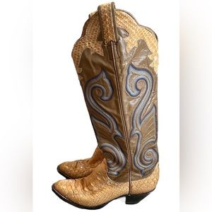 Vintage Larry Mahan Western Boots Snakeskin Brown Leather Embroidered Cowboy 5